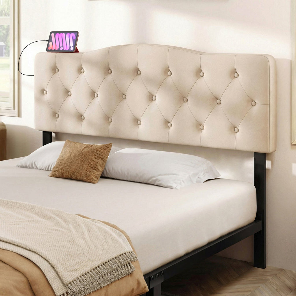Tufted Upholstered Head Board for Queen and Full Size Bed with 2 AC Outlets