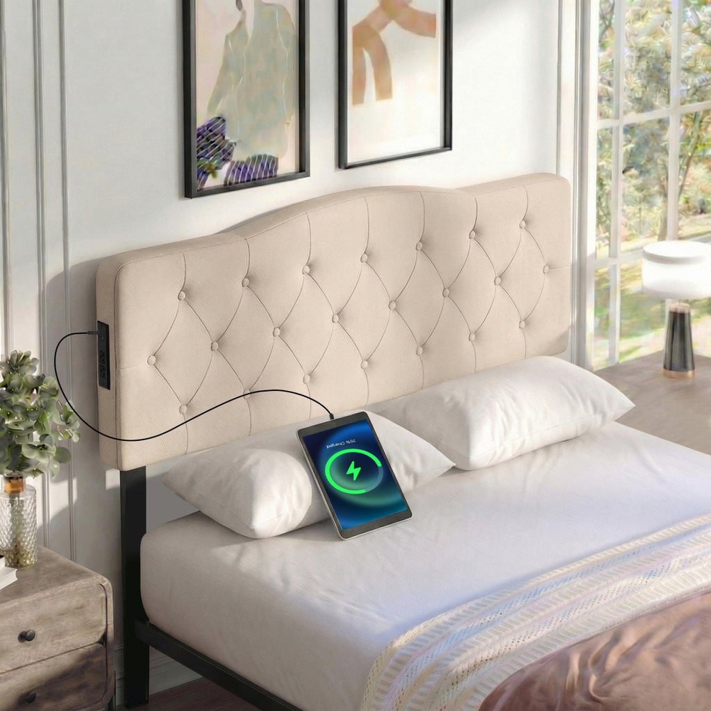 Tufted Upholstered Head Board for Queen and Full Size Bed with 2 AC Outlets