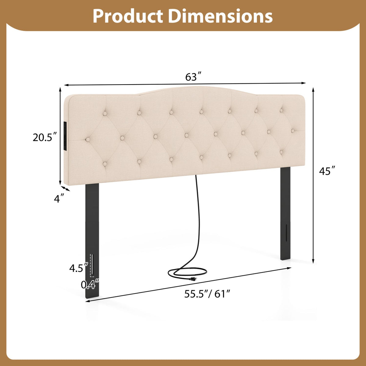 Tufted Upholstered Head Board for Queen and Full Size Bed with 2 AC Outlets