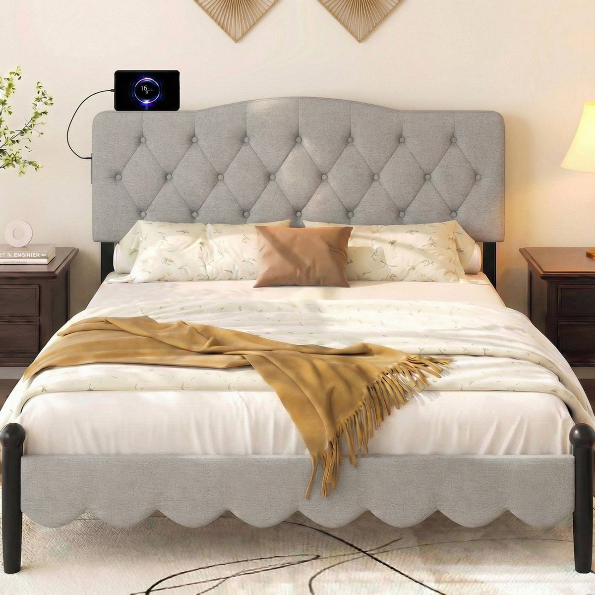 Tufted Upholstered Head Board for Queen and Full Size Bed with 2 AC Outlets