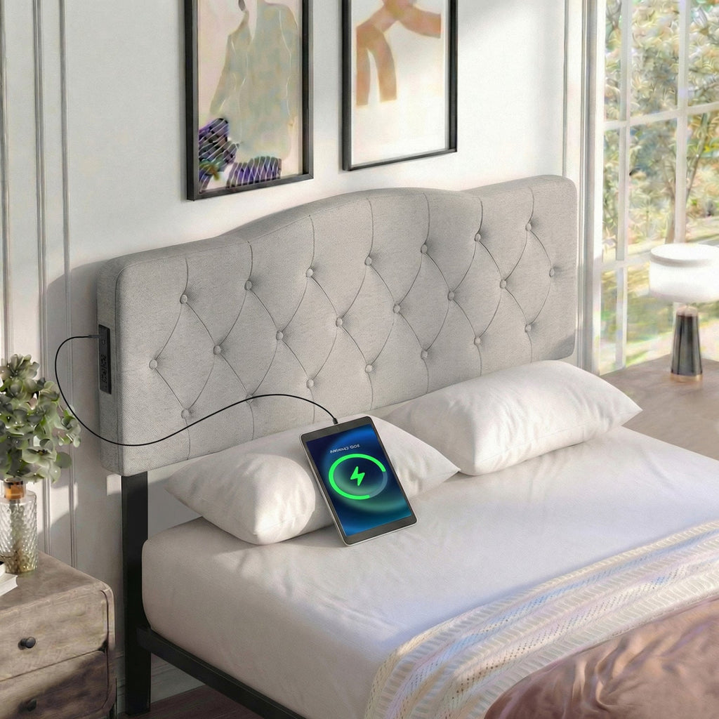 Tufted Upholstered Head Board for Queen and Full Size Bed with 2 AC Outlets