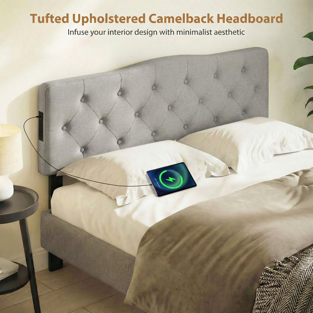 Tufted Upholstered Head Board for Queen and Full Size Bed with 2 AC Outlets