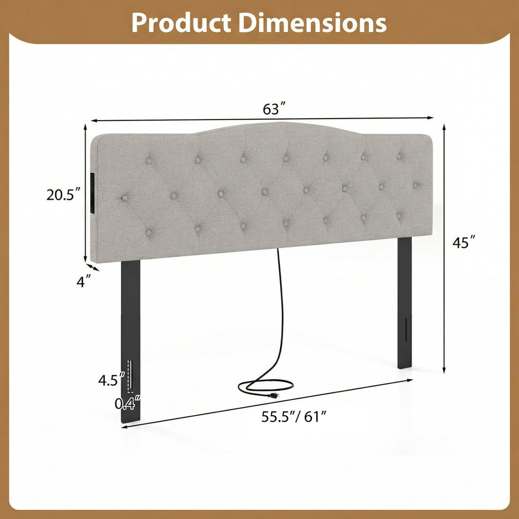 Tufted Upholstered Head Board for Queen and Full Size Bed with 2 AC Outlets