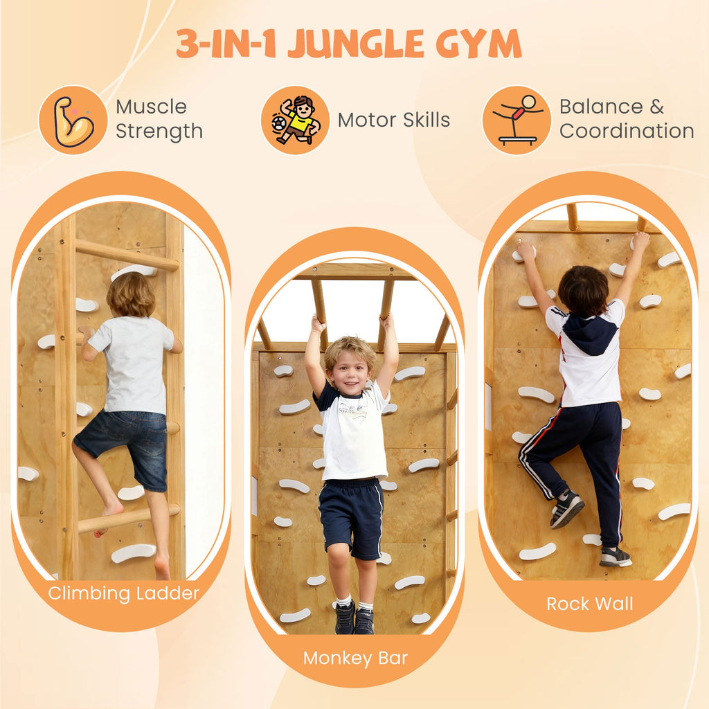 Twin Bunk Bed with Jungle Gym Wooden Loft Bed with Climbing Ladder-Natural