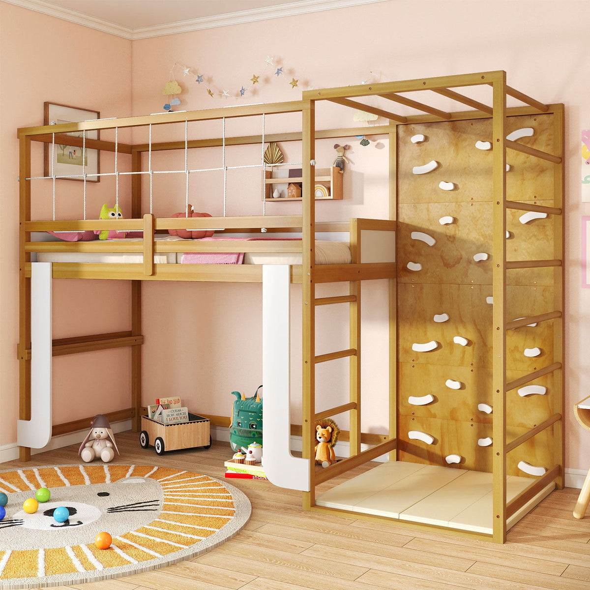 Twin Bunk Bed with Jungle Gym Wooden Loft Bed with Climbing Ladder-Natural