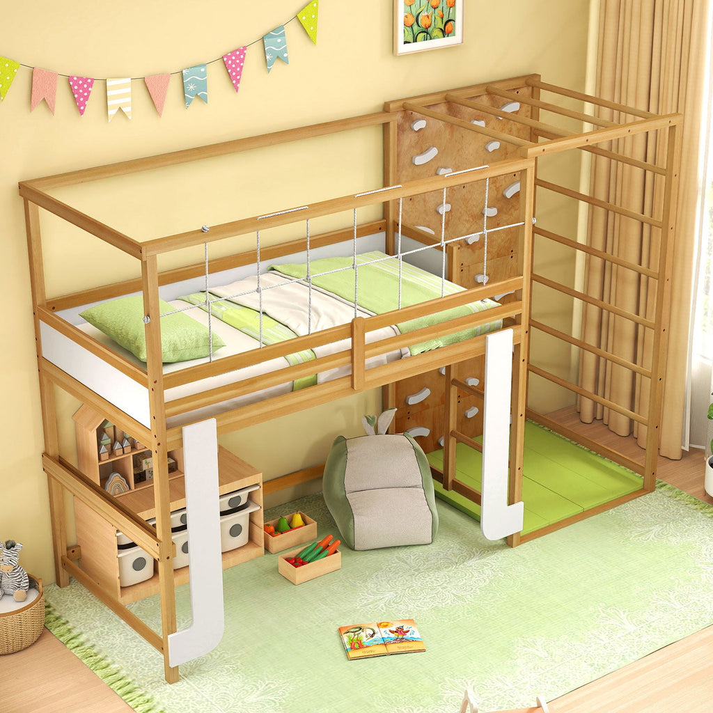 Twin Bunk Bed with Jungle Gym Wooden Loft Bed with Climbing Ladder-Natural