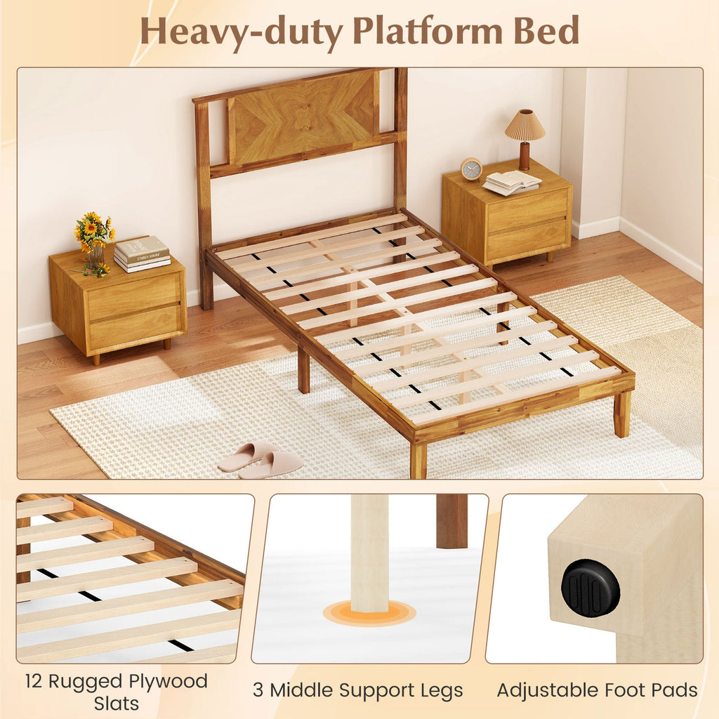 Twin/Full/Queen Size Bed Frame Mid-Century Acacia Wood Platform Bed with Headboard