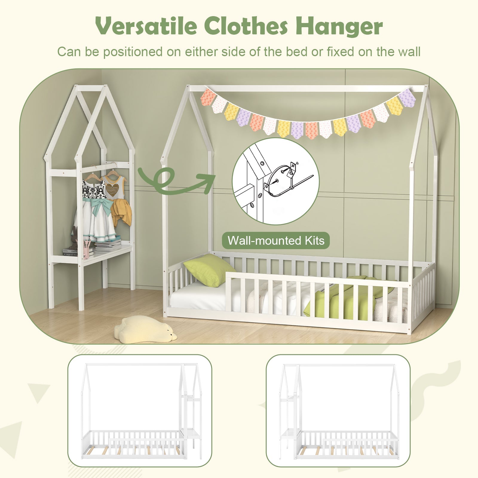 Twin House Floor Bed Montessori Bed Frame with Storage Shelf-White