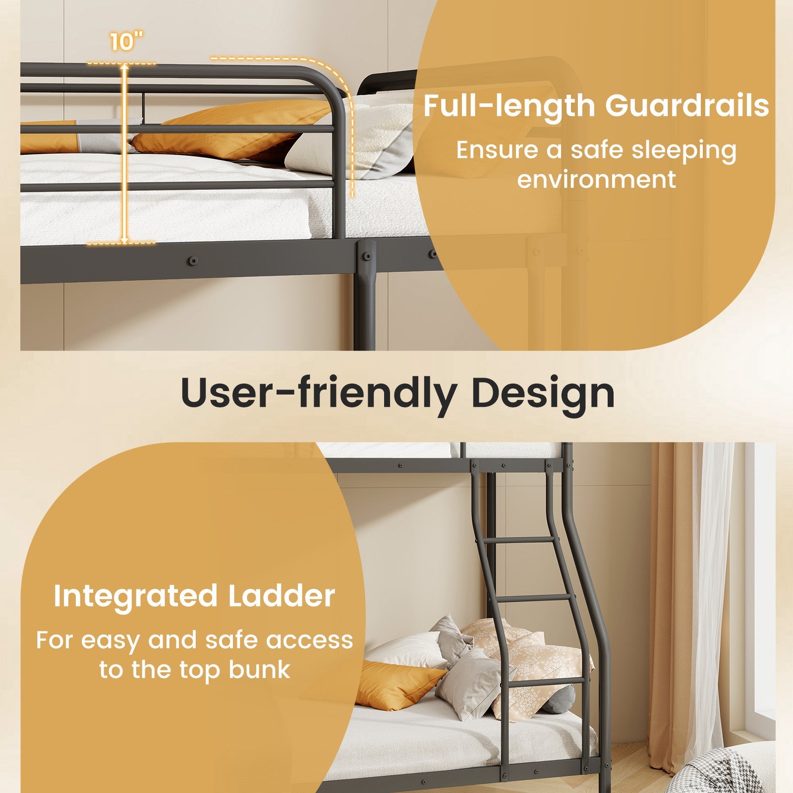 Twin Over Full Bunk Bed with Ladder and Full-length Guardrails