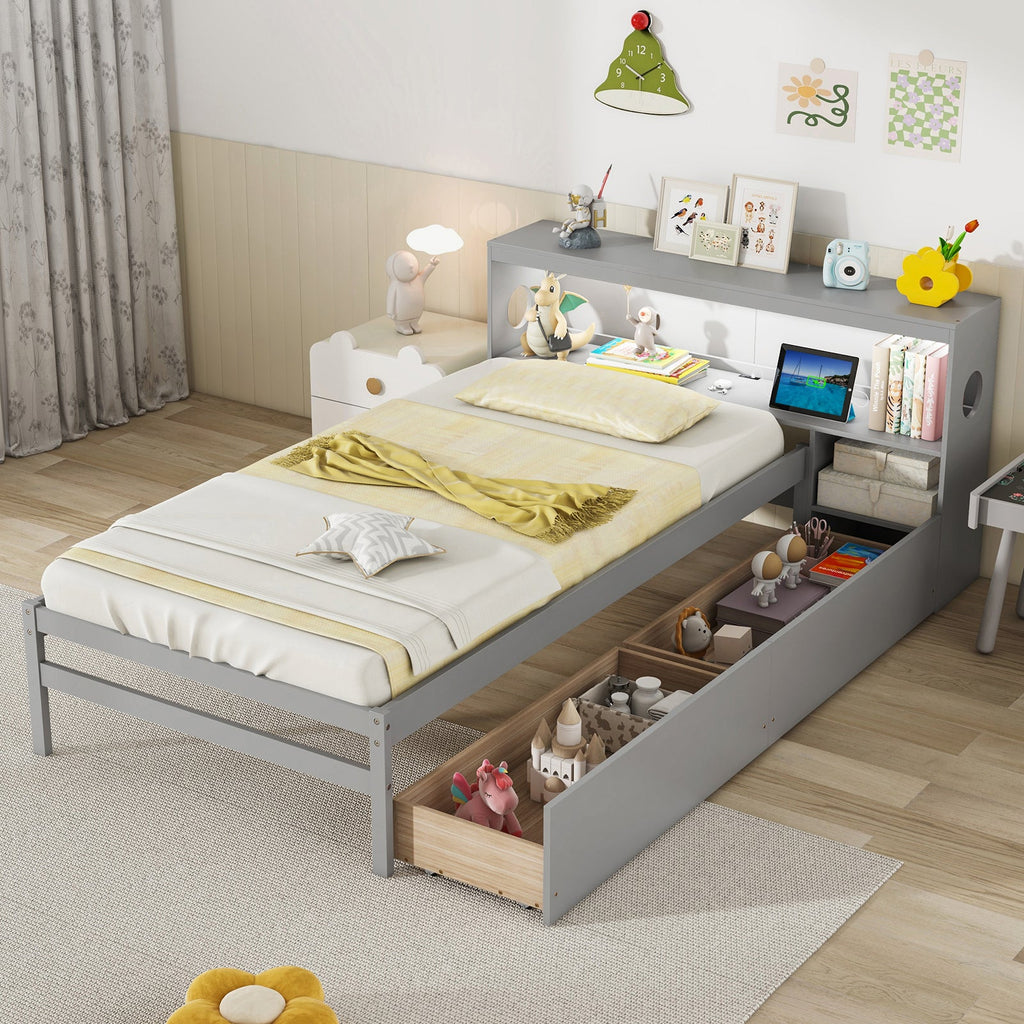 Twin Size Bed Frame with LED Light and Bookcase Headboard