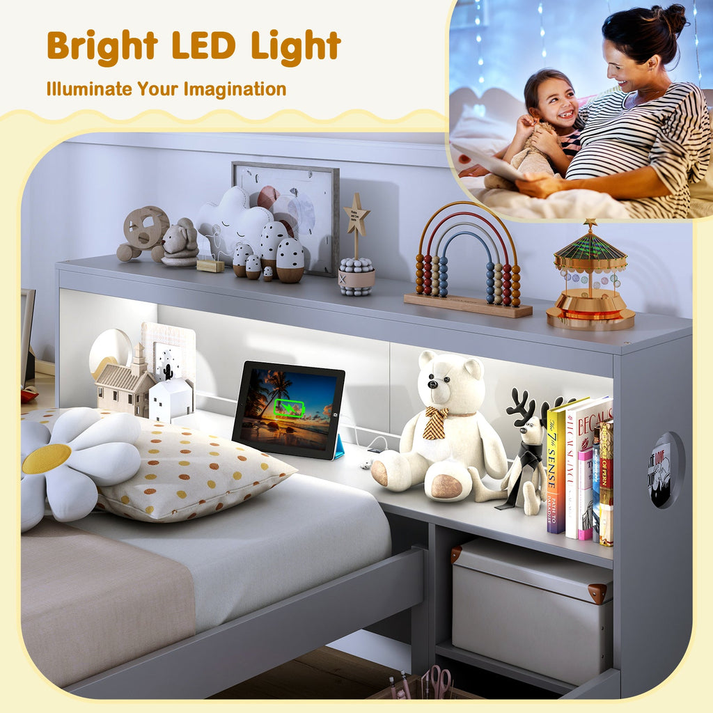 Twin Size Bed Frame with LED Light and Bookcase Headboard