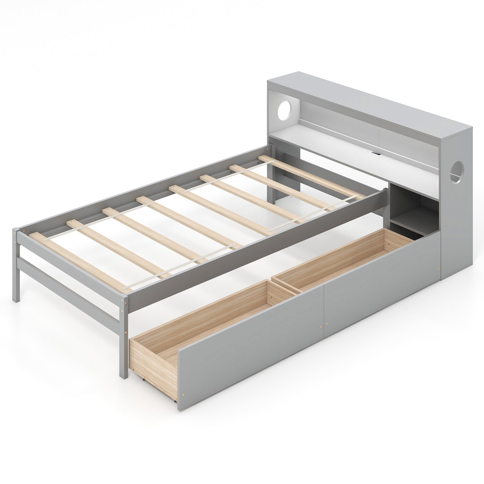 Twin Size Bed Frame with LED Light and Bookcase Headboard
