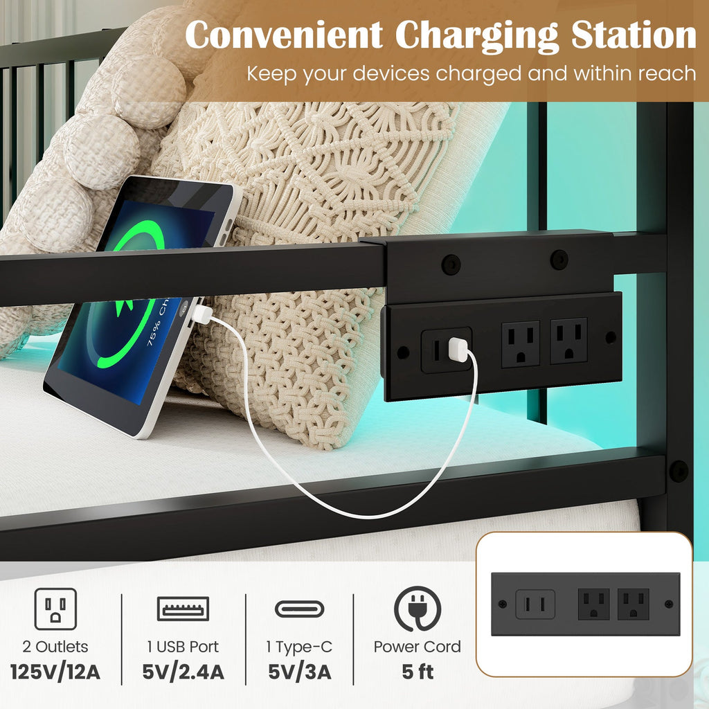 Adjustable Metal Twin Size Daybed with Charging Station and LED Light