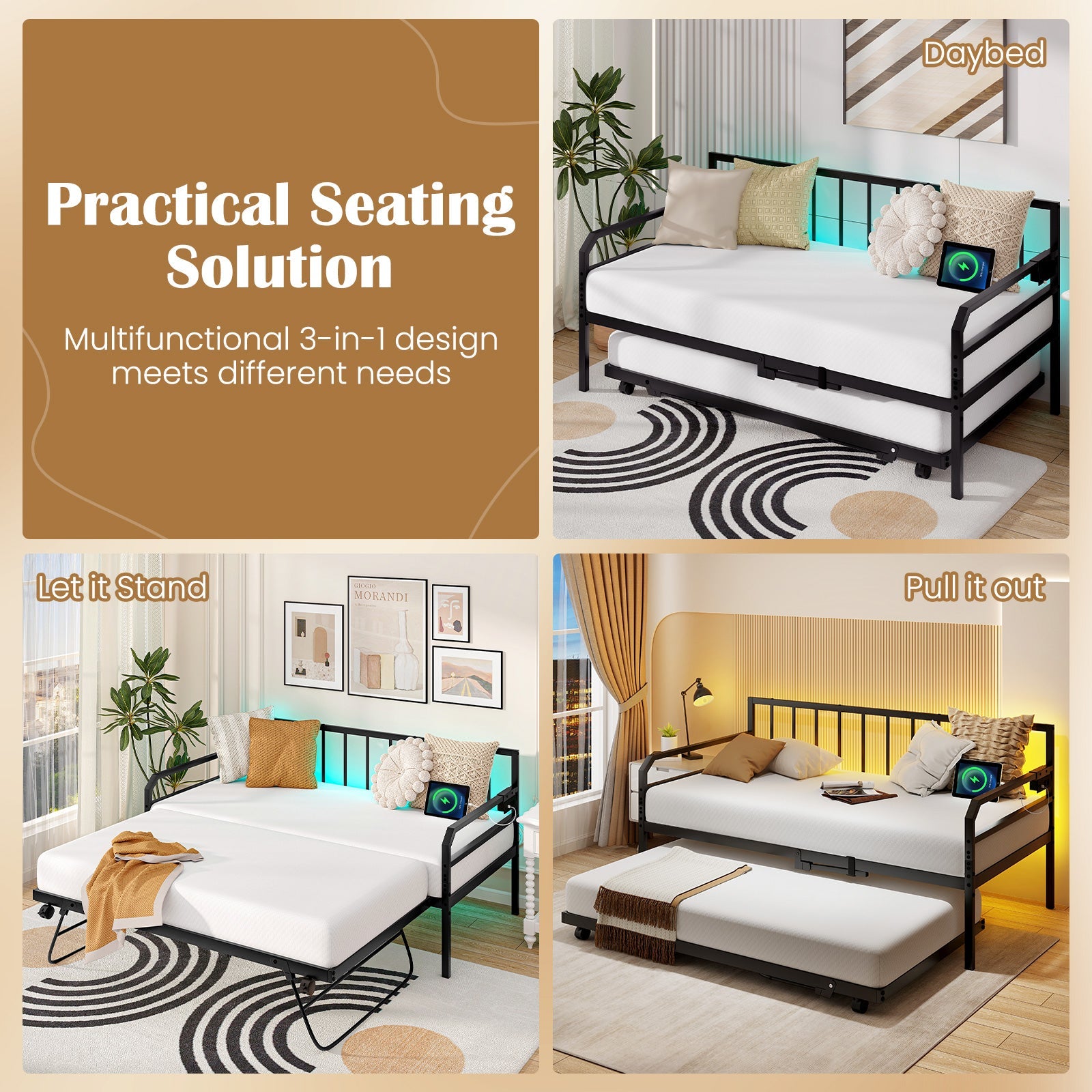 Adjustable Metal Twin Size Daybed with Charging Station and LED Light