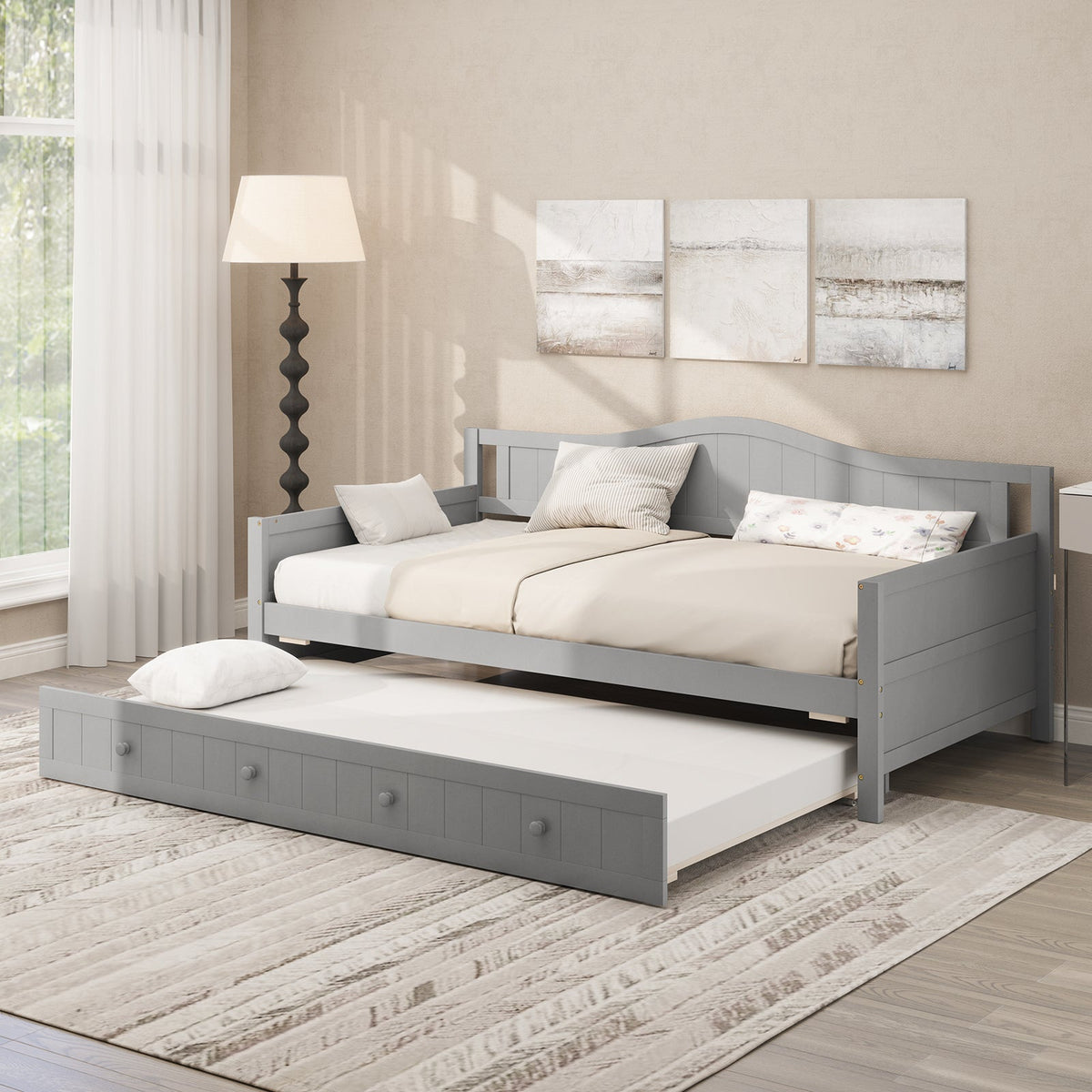 Twin Size Daybed with Trundle and Slats Support on Wheels
