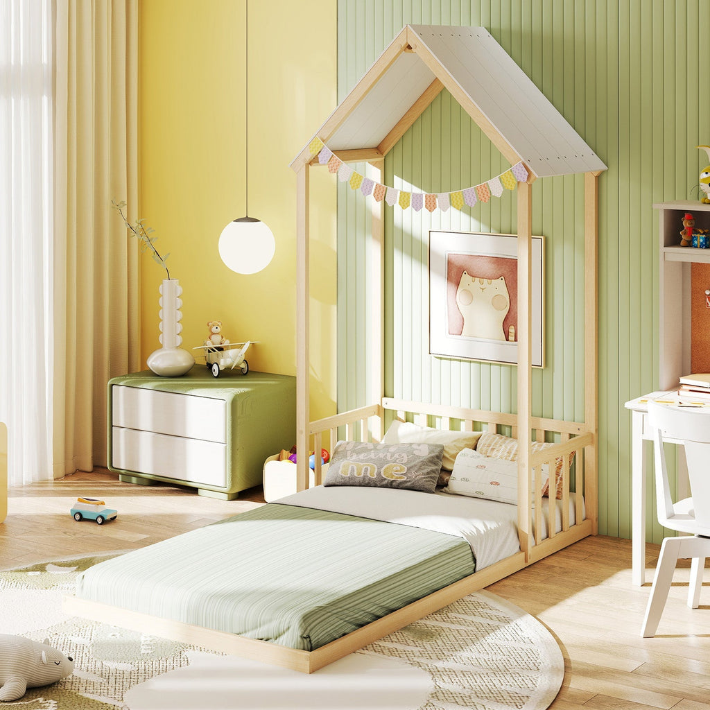 Twin Size House Bed with House Shape Roof and Semi-Fence