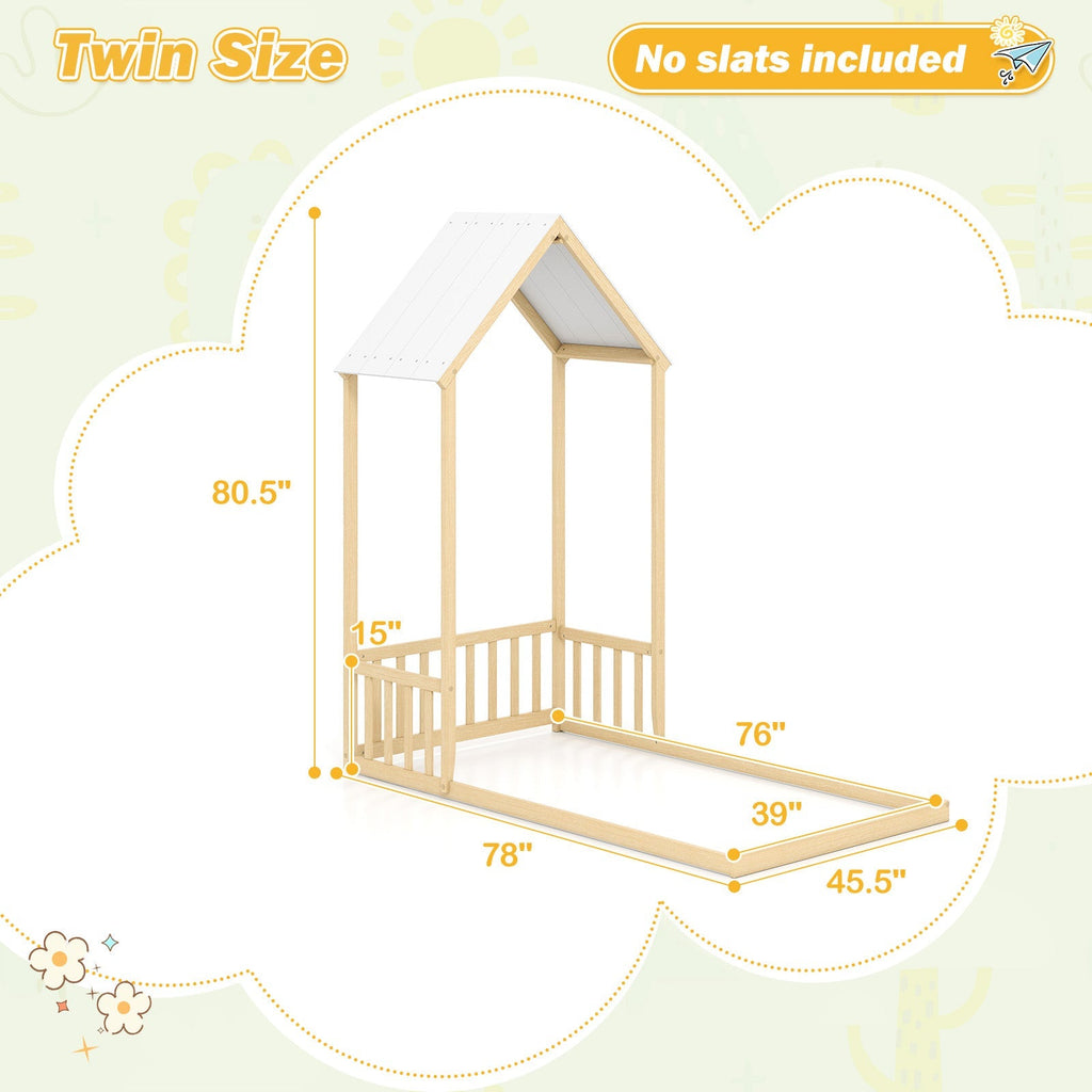 Twin Size House Bed with House Shape Roof and Semi-Fence