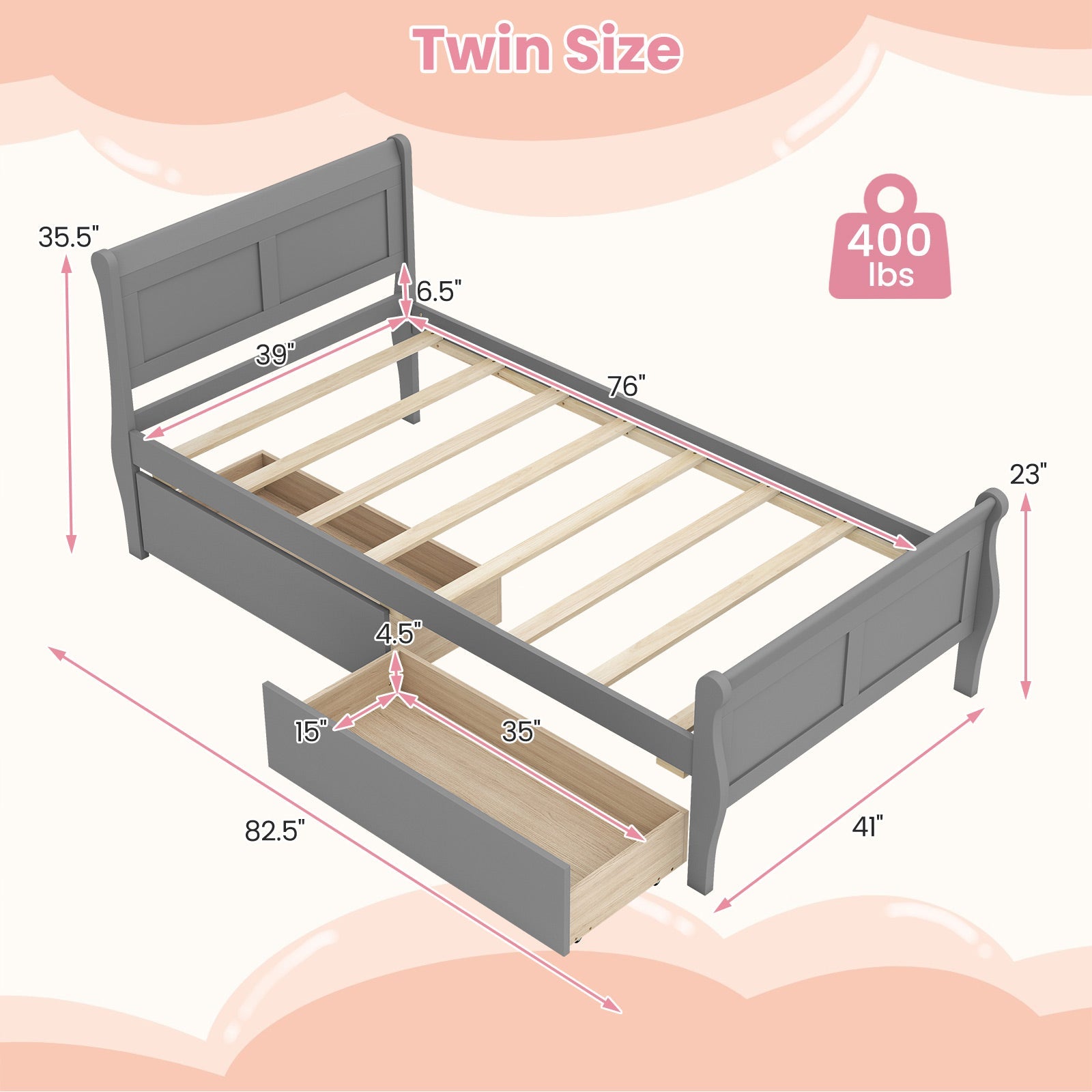 Twin Size Sleigh Bed with 2 Storage Drawers Wood Platform Bed Frame