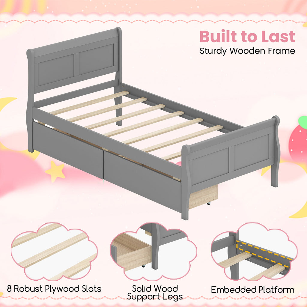 Twin Size Sleigh Bed with 2 Storage Drawers Wood Platform Bed Frame