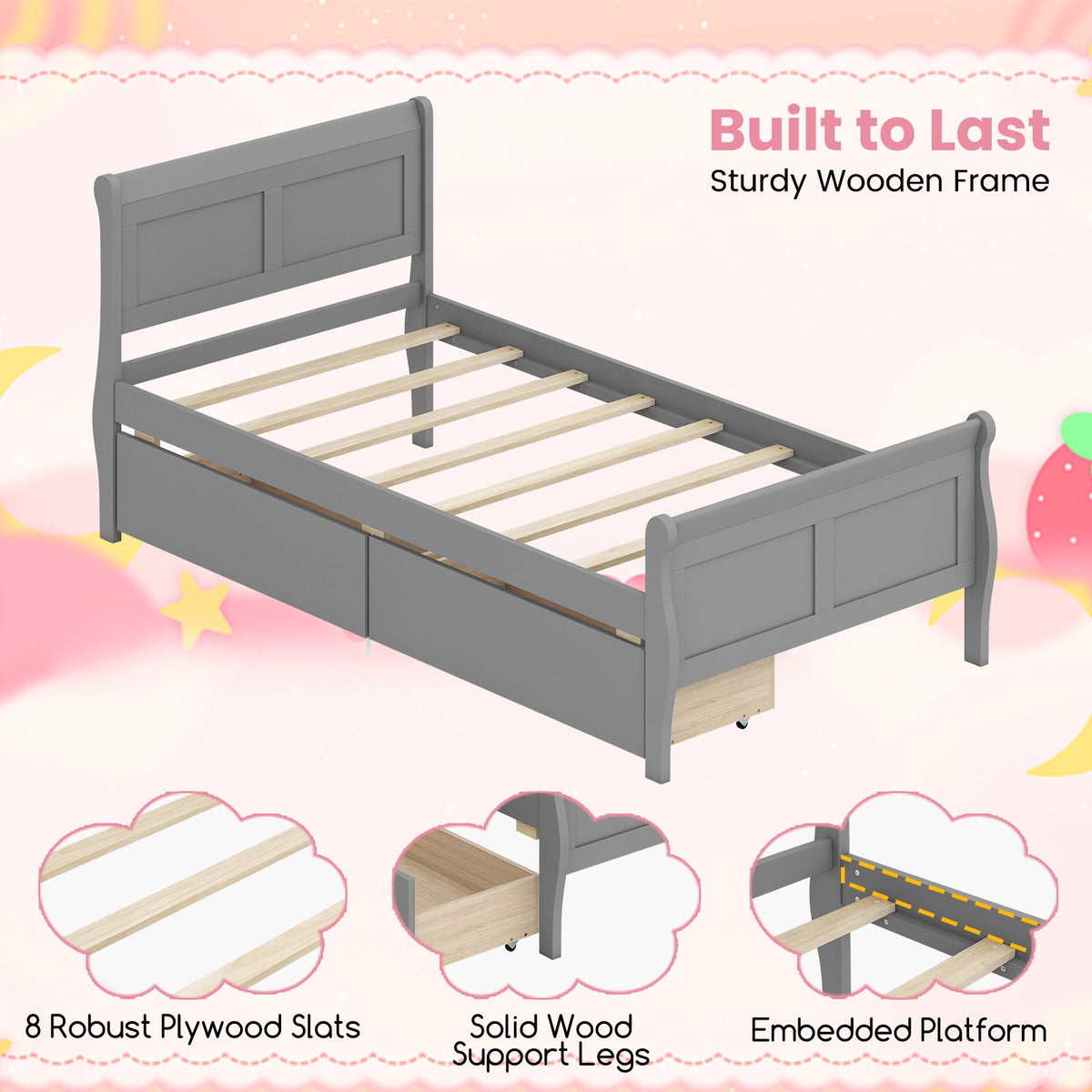 Twin Size Sleigh Bed with 2 Storage Drawers Wood Platform Bed Frame