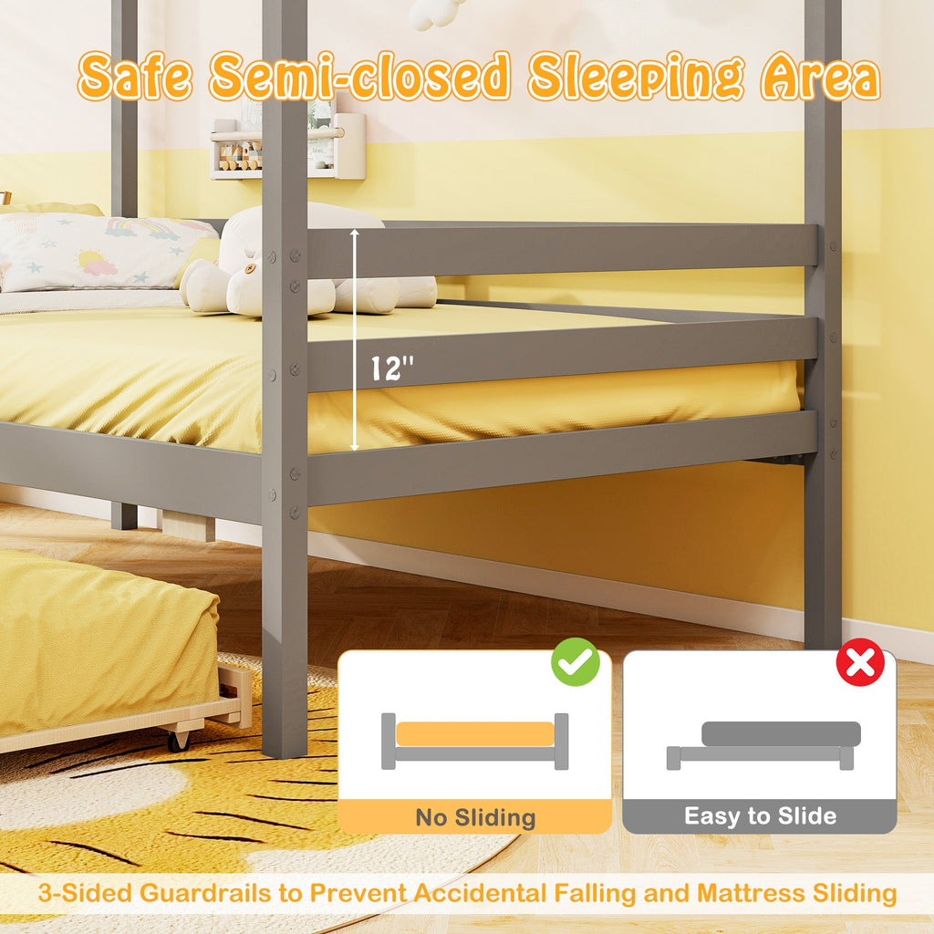 Twin Size Wooden Platform House Bed with Trundle and Roof