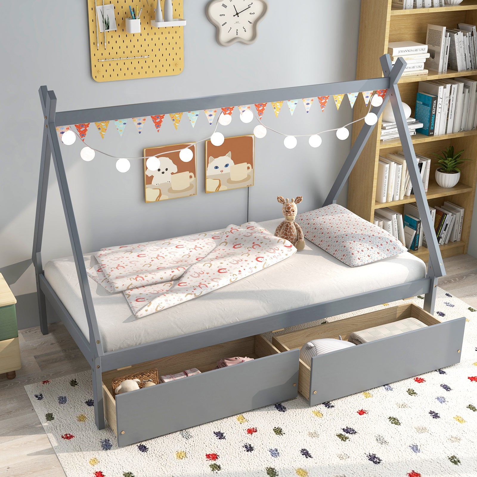 Twin Size Wooden Tent Platform House Bed with 2 Drawers