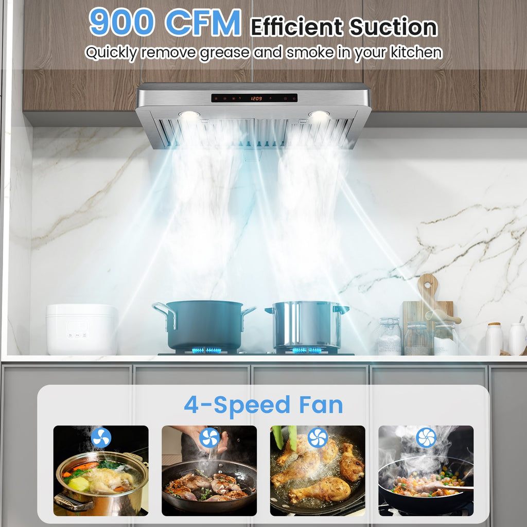 35.5/29.5 Inch Under Cabinet Range Hood 900 CFM Kitchen Vent with 4 Fan Speed