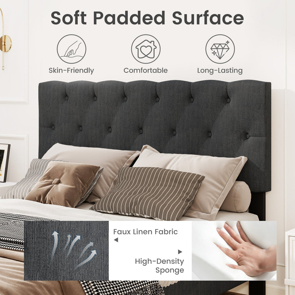 Upholstered Platform Bed with Tufted Headboard and Wooden Slats Gray