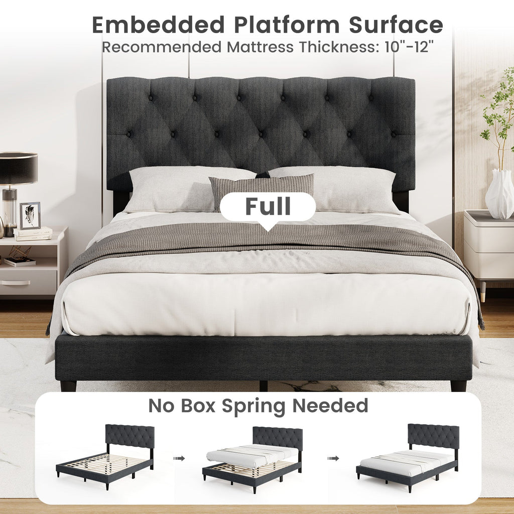 Upholstered Platform Bed with Tufted Headboard and Wooden Slats Gray