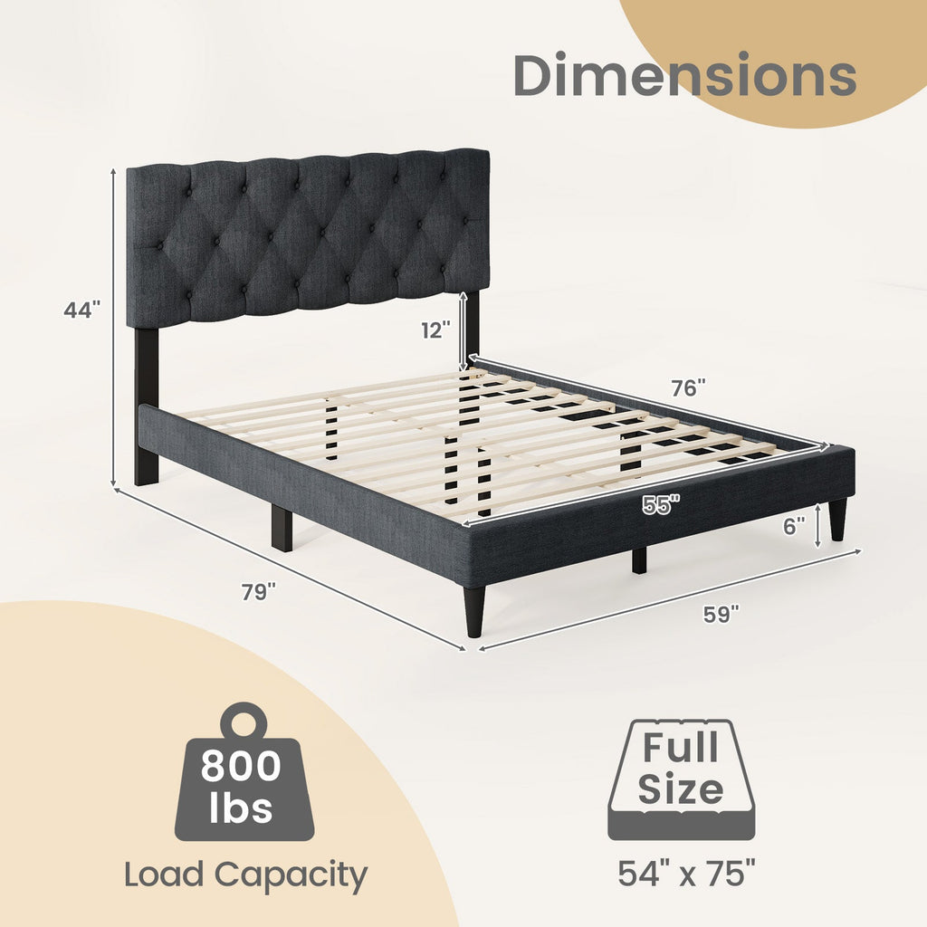 Upholstered Platform Bed with Tufted Headboard and Wooden Slats Gray