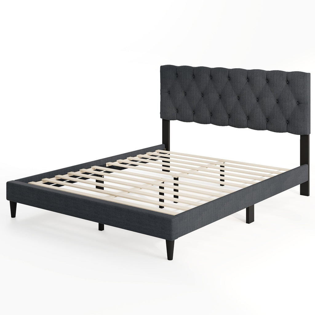 Upholstered Platform Bed with Tufted Headboard and Wooden Slats Gray