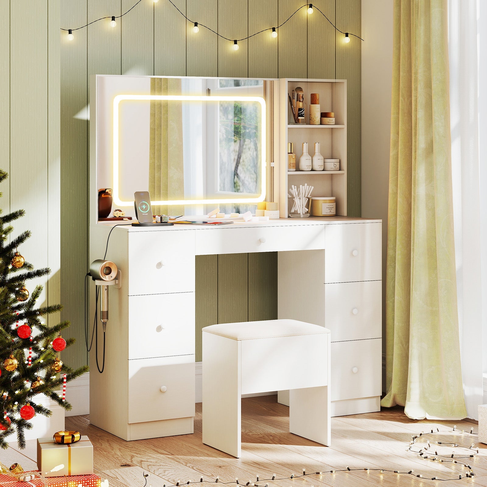 Vanity Desk with Mirror and Lights Makeup Dressing Table Vanity Table and Stool Set-White