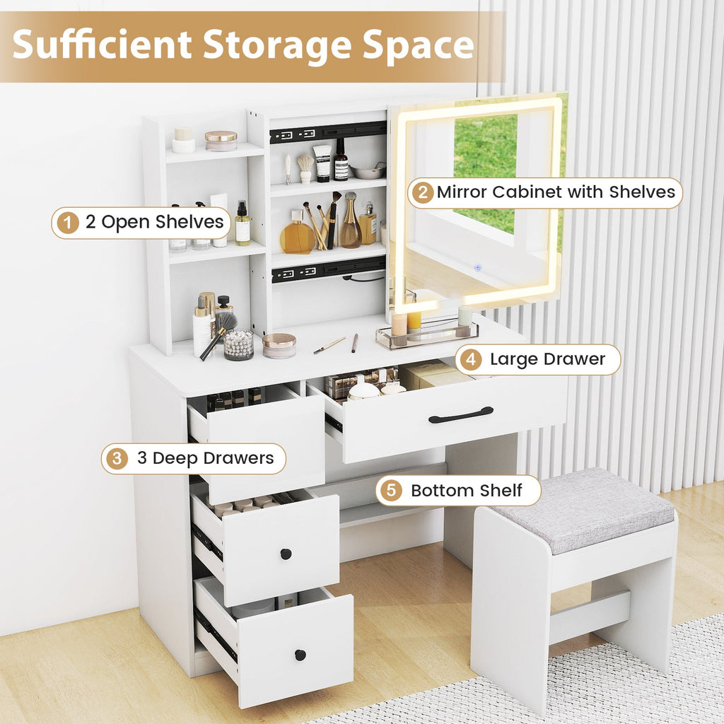 Vanity Desk with Sliding Mirror and Lights Makeup Table and Chair Set with 4 Drawers-White