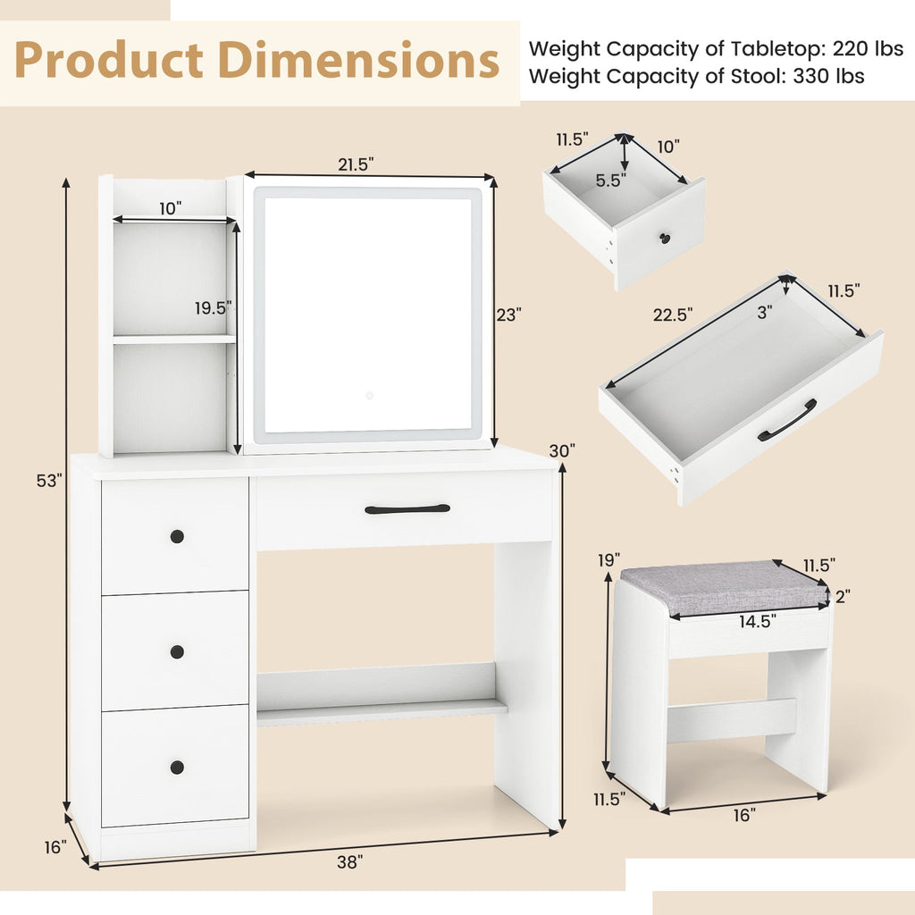 Vanity Desk with Sliding Mirror and Lights Makeup Table and Chair Set with 4 Drawers-White