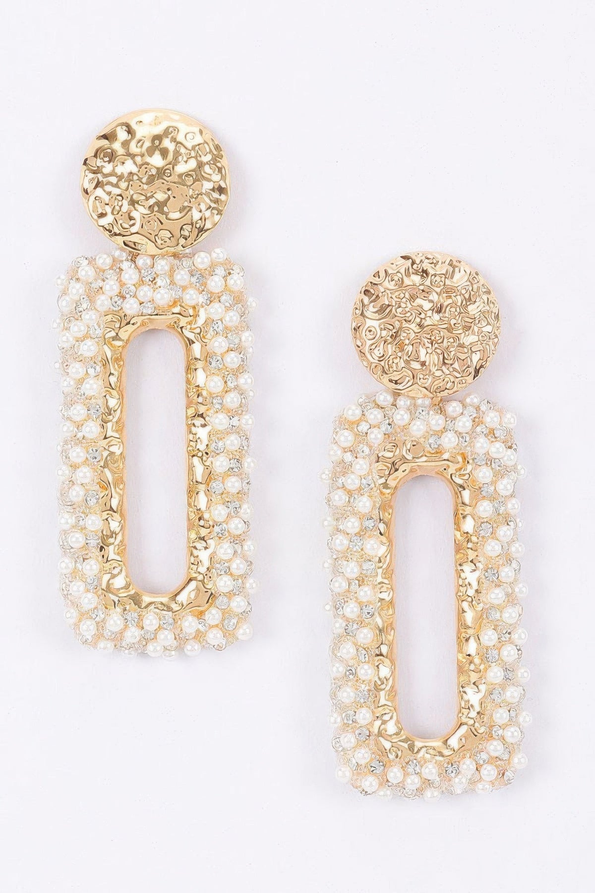 Textured Gold Disc And Pearl-encrusted Rectangular Drop Earr