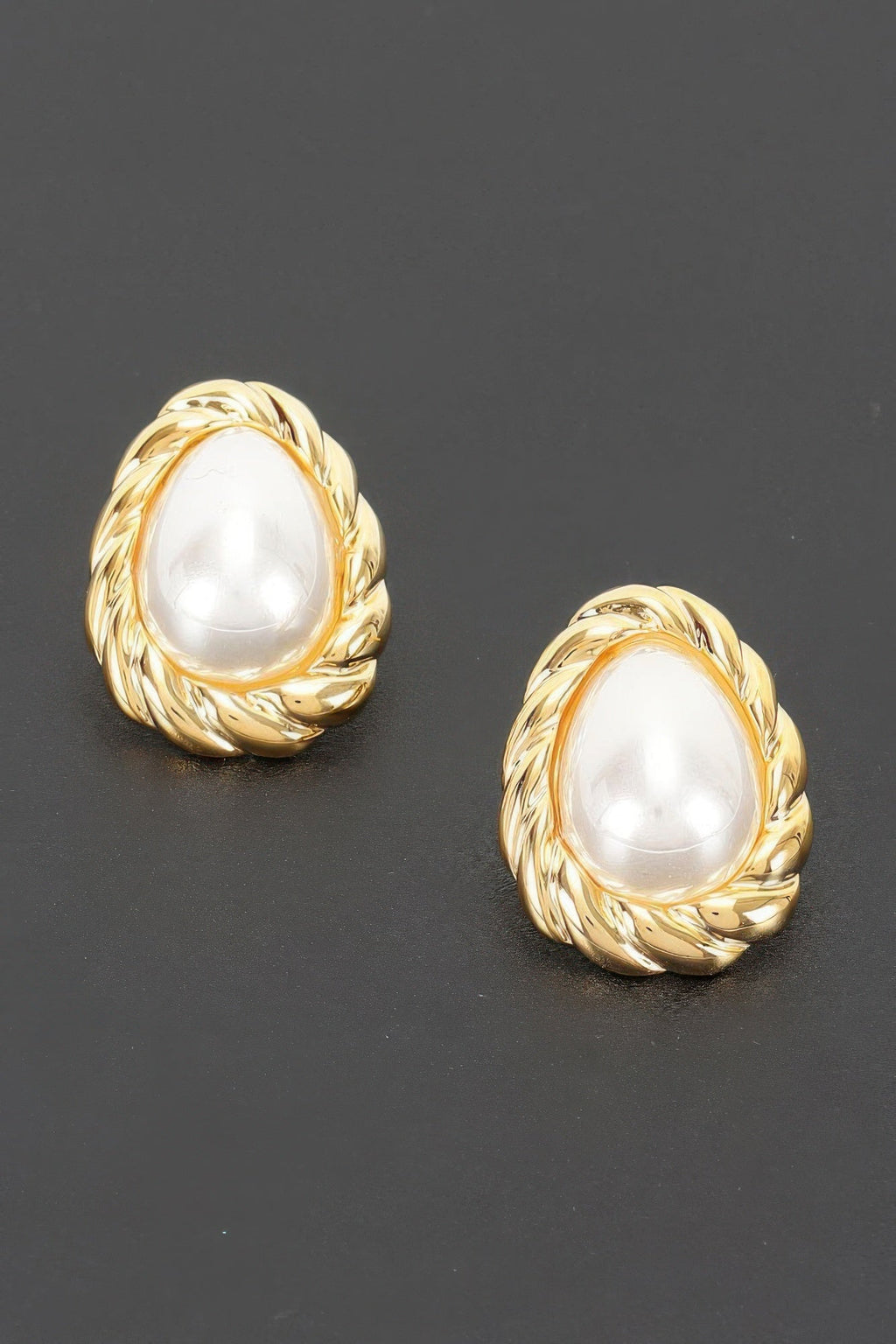 Teardrop Pearl Stud Earrings With Twisted Metal Frame