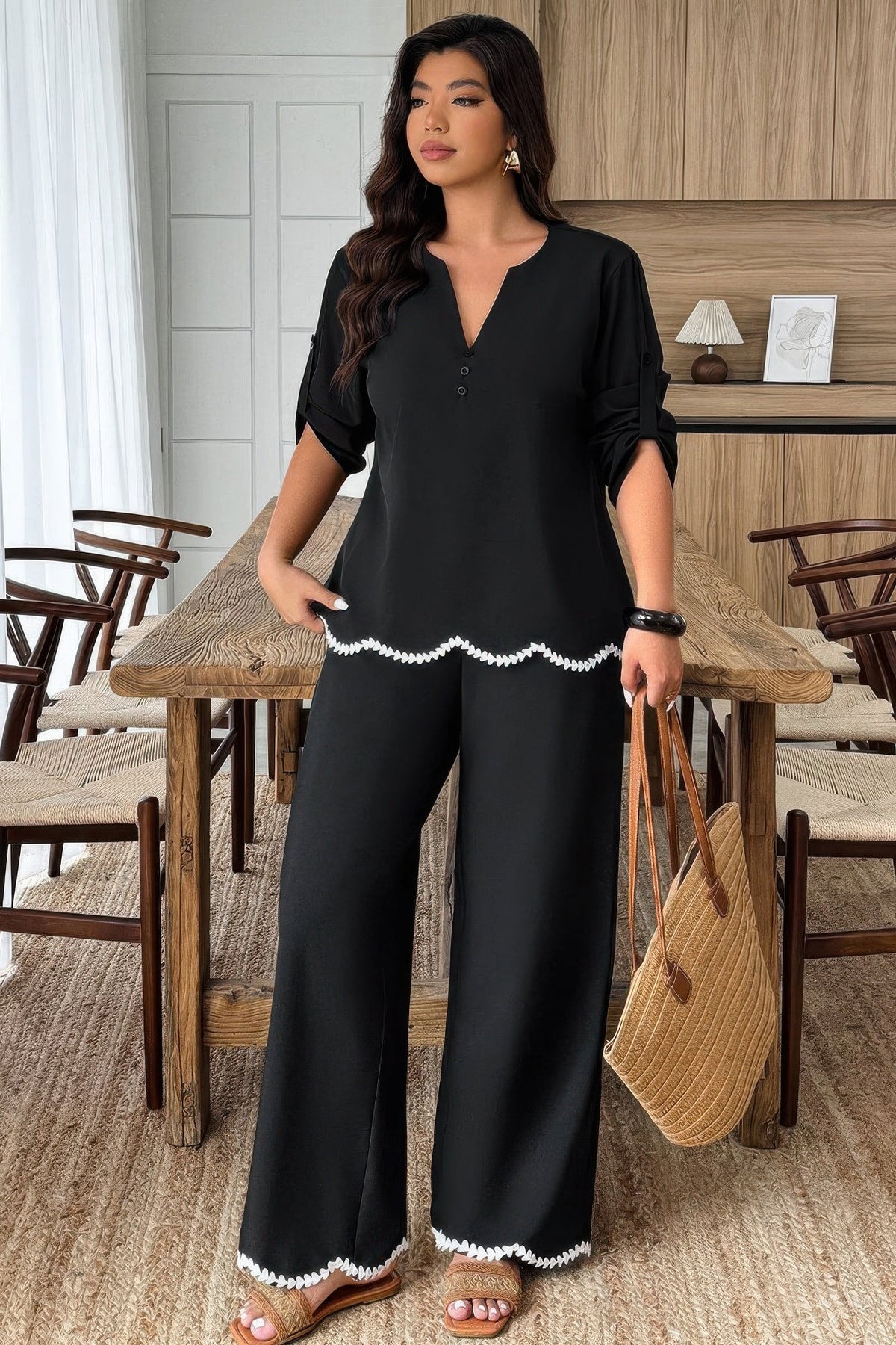 Two Pieces Contrast Color Ruffle Trim Set