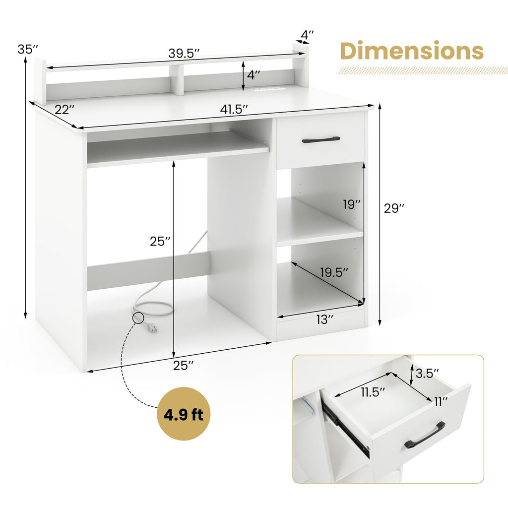 White Desk with Charging Station and Adjustable Shelf for Home Office-White
