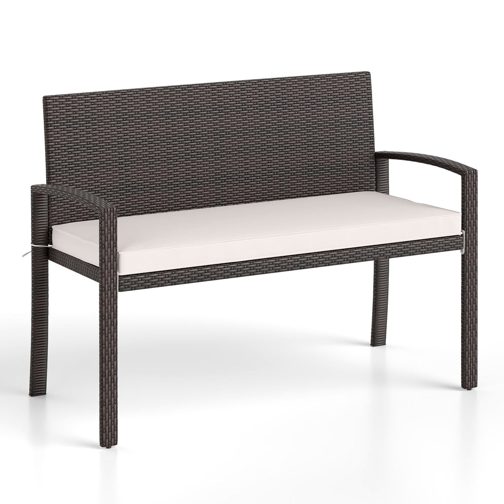 Wicker 2-Seat Bench with Soft Seat Cushion and Metal Frame-White