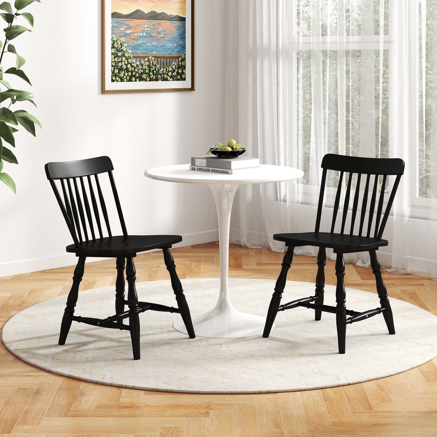 Windsor Dining Chairs Set of 2 with Curved Spindle Back