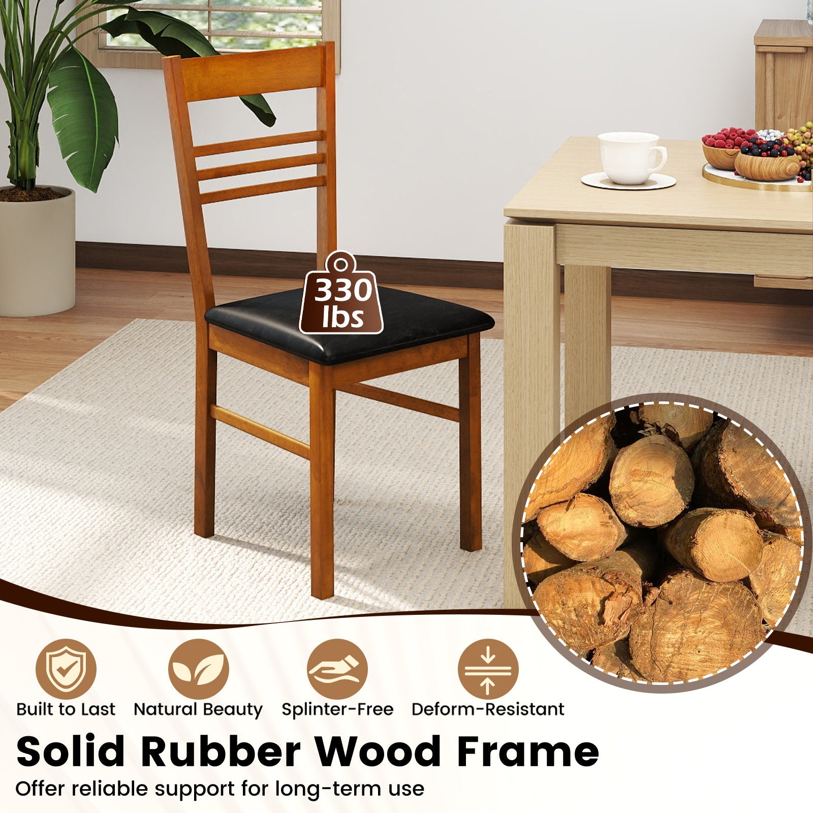 Wood Dining Chairs Set of 4 with Rubber Wood Frame