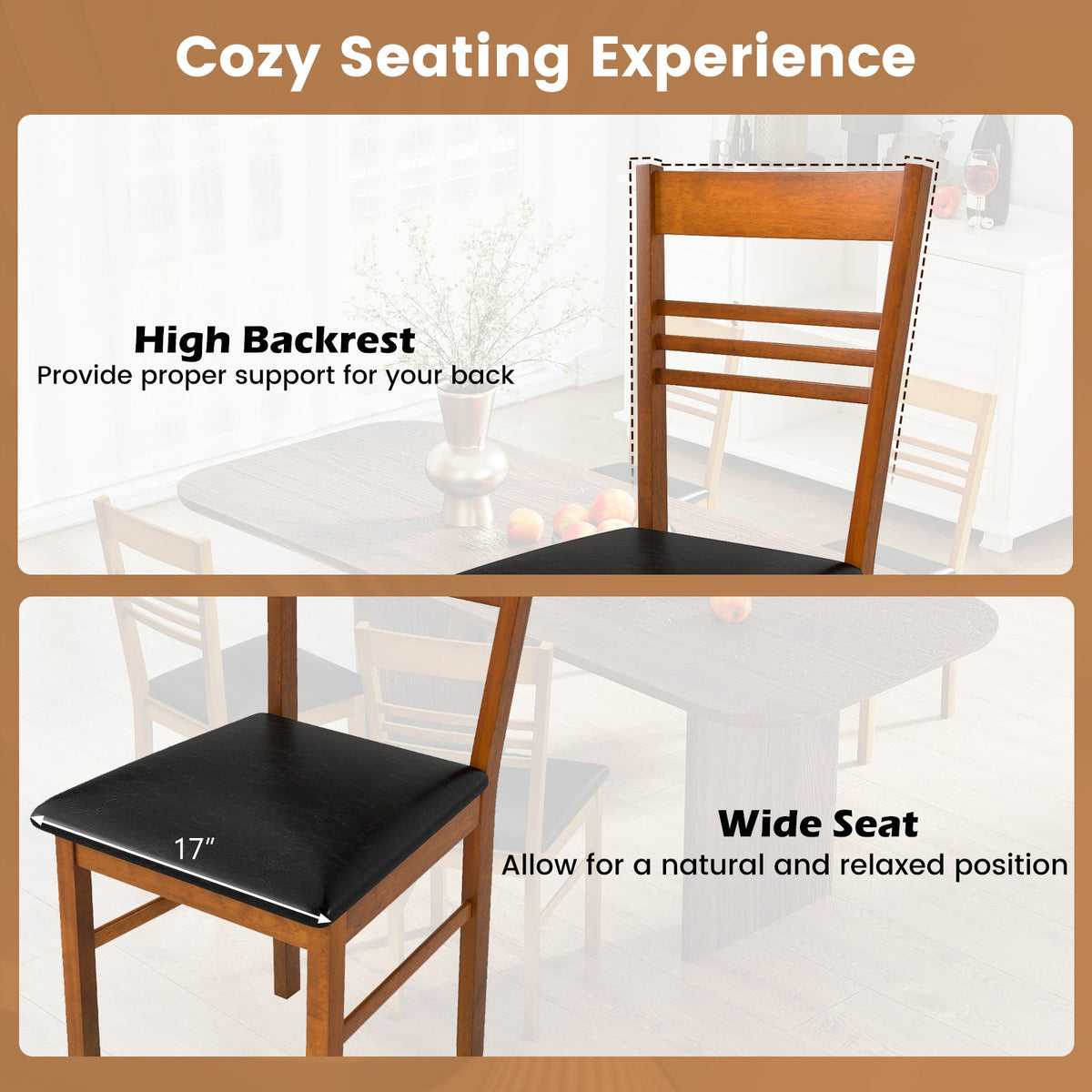 Wood Dining Chairs Set of 4 with Rubber Wood Frame