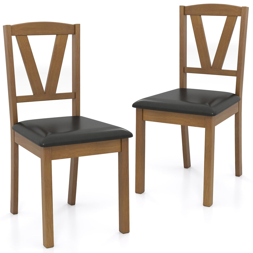 Wooden Dining Chair Set of 2 with PU Leather Upholstered and Rubber Wood Frame-Brown