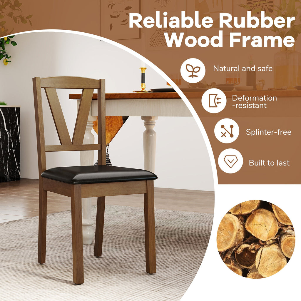 Wooden Dining Chair Set of 2 with PU Leather Upholstered and Rubber Wood Frame-Brown