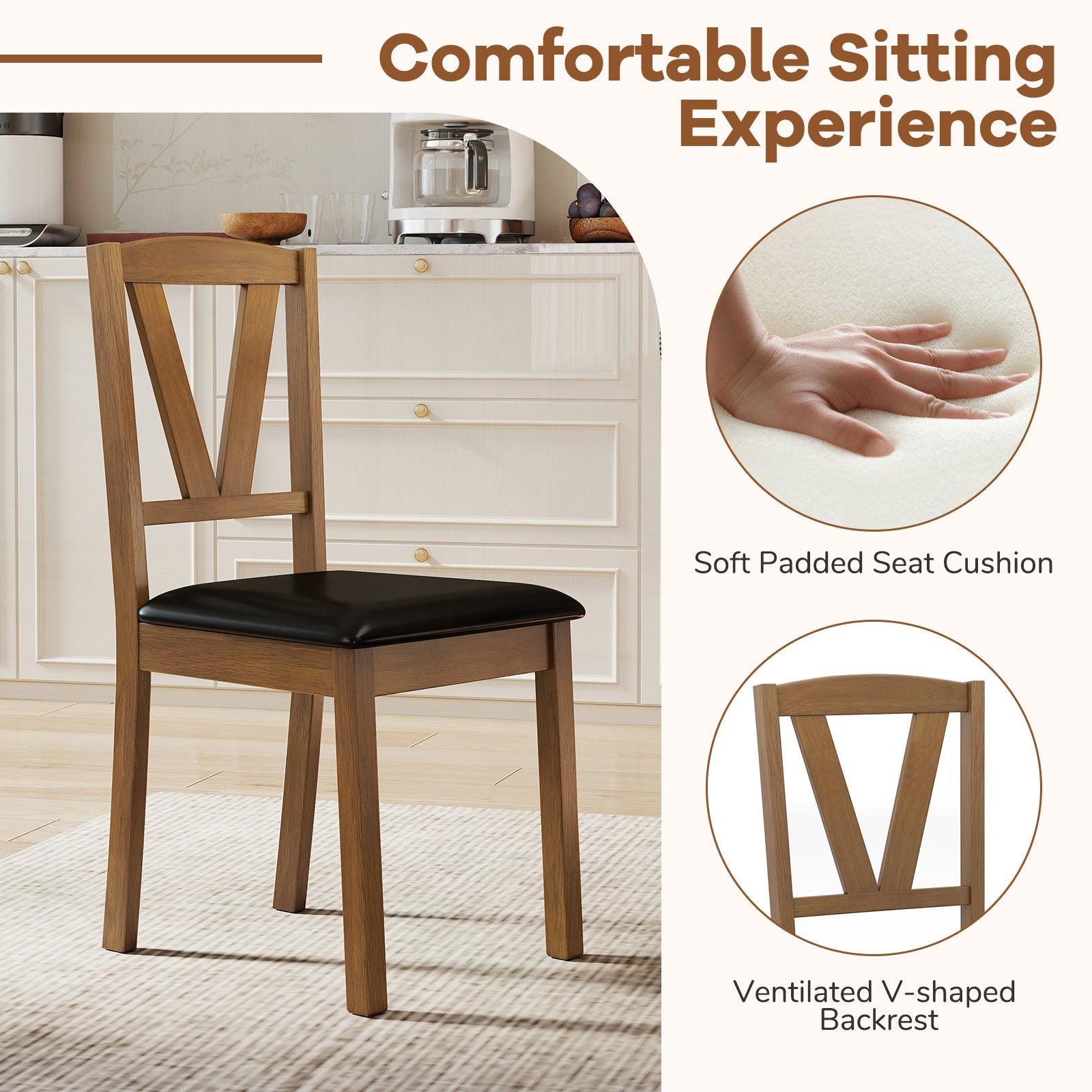 Wooden Dining Chair Set of 2 with PU Leather Upholstered and Rubber Wood Frame-Brown