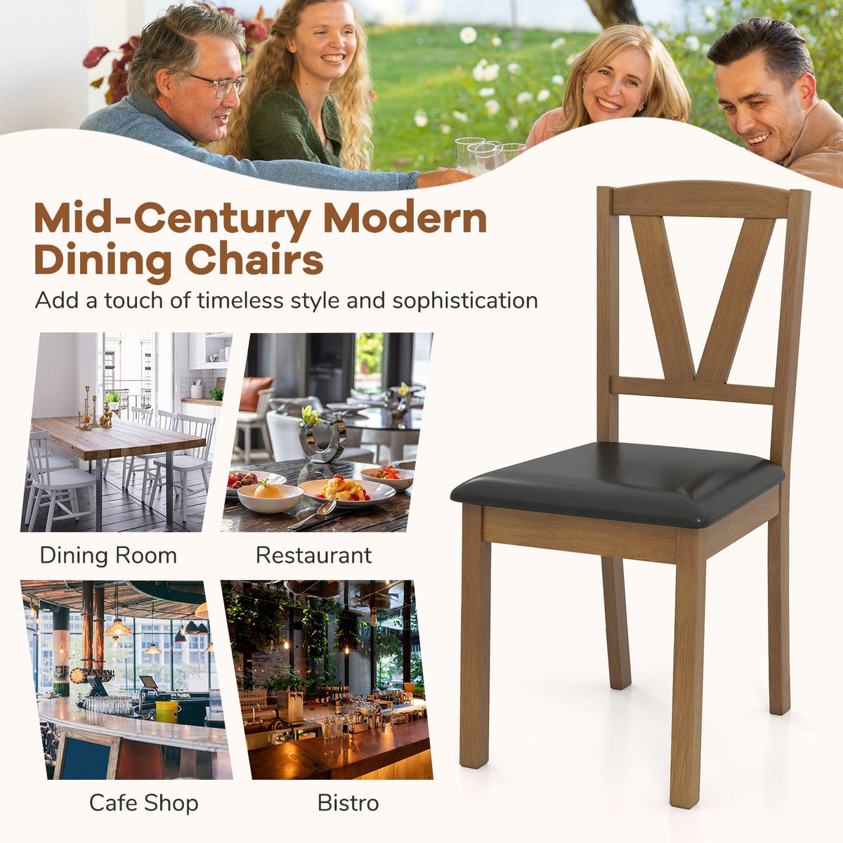 Wooden Dining Chair Set of 2 with PU Leather Upholstered and Rubber Wood Frame-Brown