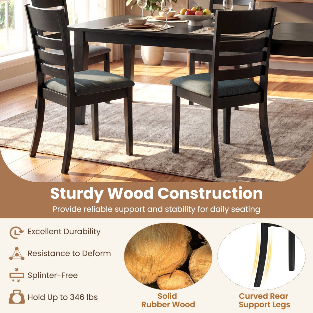 Wooden Dining Chairs Set of 4 Upholstered Kitchen Chairs with Rubber Wood Frame