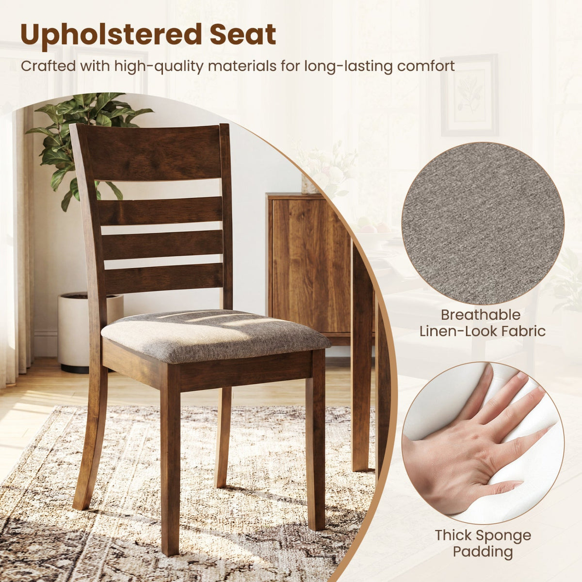 Wooden Dining Chairs Set of 4 Upholstered Kitchen Chairs with Rubber Wood Frame