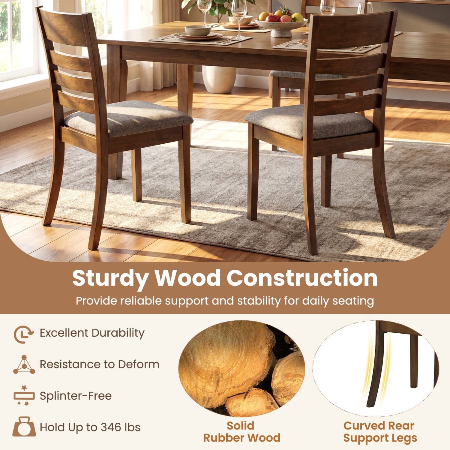 Wooden Dining Chairs Set of 4 Upholstered Kitchen Chairs with Rubber Wood Frame