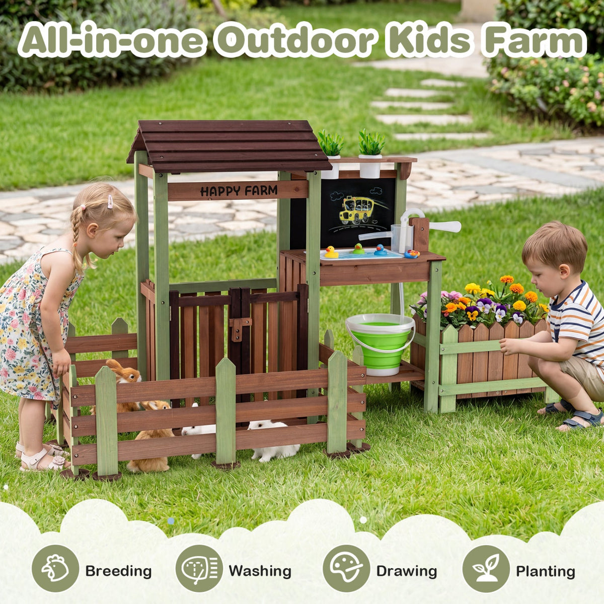 Wooden Mud Farm Playset with Planter Box and Water Pump
